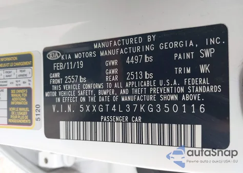 2019 Kia Optima Lx z USA, uszkodzony, nr VIN 5XXGT4L37KG350116